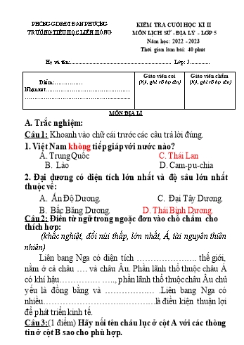 Đề kiểm tra cuối học kì II môn Lịch sử và Địa lý Lớp 5 - Năm học 2022-2023 - Trường Tiểu học Liên Hồng (Có đáp án)