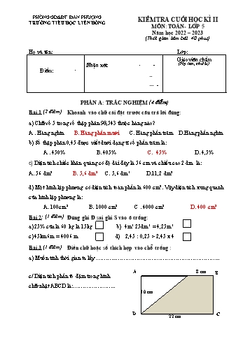 Đề kiểm tra cuối học kì II môn Toán Lớp 5 - Năm học 2022-2023 - Trường Tiểu học Liên Hồng (Có đáp án)