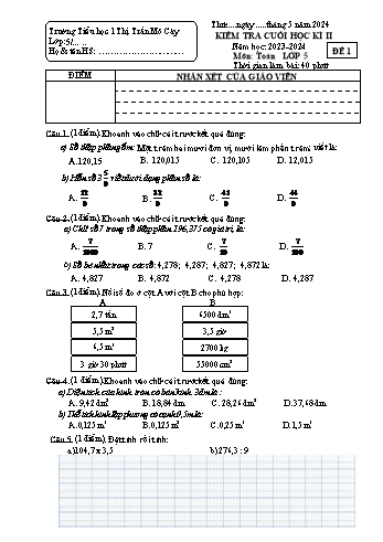 Đề kiểm tra cuối học kì II môn Toán Lớp 5 - Năm học 2023-2024 - Trường Tiểu học 1 Thị Trấn Mỏ Cày - Đề số 1 (Có đáp án)