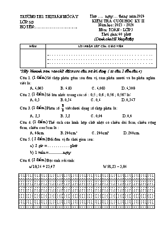 Đề kiểm tra cuối học kỳ II môn Toán Lớp 5 - Năm học 2023-2024 - Trường Tiểu học 1 Thị Trấn Mỏ Cày (Có đáp án)