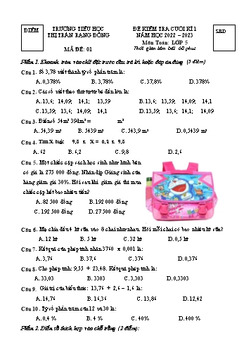 Đề kiểm tra cuối kì 1 môn Toán Lớp 5 - Năm học 2022-2023 - Trường Tiểu học Thị trấn Rạng Đông