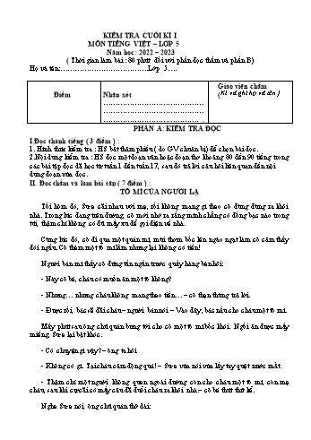 Đề kiểm tra cuối kì I môn Tiếng Việt Lớp 5 - Năm học 2022-2023 (Có đáp án)