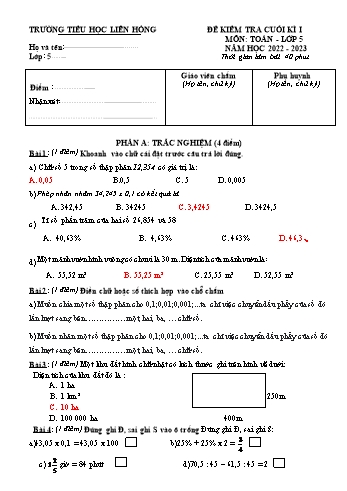 Đề kiểm tra cuối kì I môn Toán Lớp 5 - Năm học 2022-2023 - Trường Tiểu học Liên Hồng (Có đáp án)