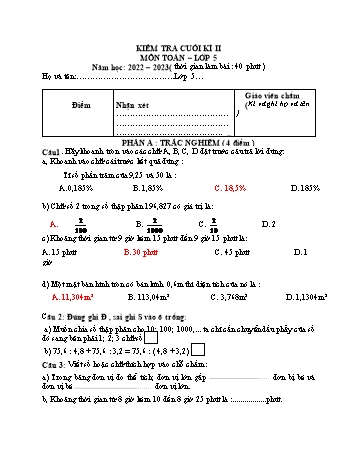 Đề kiểm tra cuối kì II môn Toán Lớp 5 - Năm học 2022-2023 - Đề 1 (Có đáp án)
