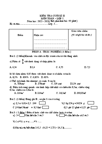 Đề kiểm tra cuối kì II môn Toán Lớp 5 - Năm học 2022-2023 - Đề 2 (Có đáp án)