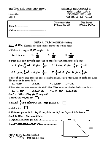 Đề kiểm tra cuối kì II môn Toán Lớp 5 - Năm học 2022-2023 - Trường Tiểu học Liên Hồng (Có đáp án)