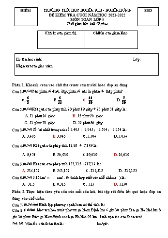 Đề kiểm tra cuối năm môn Toán Lớp 5 - Năm học 2021-2022 - Trường Tiểu học Nghĩa Sơn