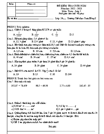 Đề kiểm tra cuối năm môn Toán Lớp 5 - Năm học 2022-2023 - Trường Tiểu học Tam Hồng 2