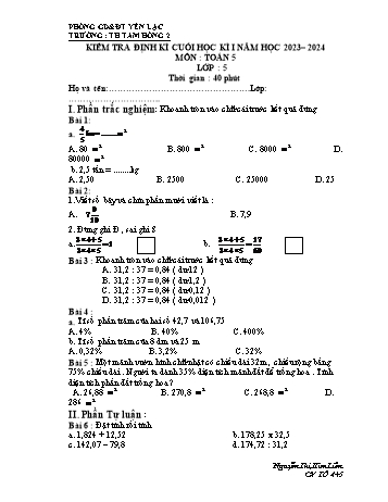 Đề kiểm tra định kì cuối học kì I môn Toán Lớp 5 - Năm học 2023-2024 - Nguyễn Thị Kim Liên