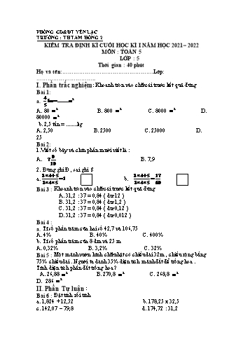 Đề kiểm tra định kì cuối học kì I môn Toán Lớp 5 - Năm học 2021-2022 - Trường Tiểu học Tam Hồng 2