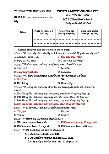 Đề kiểm tra định kì cuối học kì II môn Khoa học Lớp 5 - Năm học 2021-2022 - Trường Tiểu học Vân Hòa (Có đáp án)