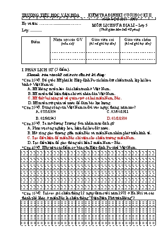 Đề kiểm tra định kì cuối học kì II môn Lịch sử & Địa lí Lớp 5 - Năm học 2021-2022 - Trường Tiểu học Vân Hòa (Có đáp án)