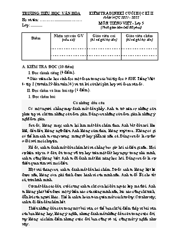 Đề kiểm tra định kì cuối học kì II môn Tiếng Việt Lớp 5 - Năm học 2021-2022 - Trường Tiểu học Vân Hòa (Có đáp án)