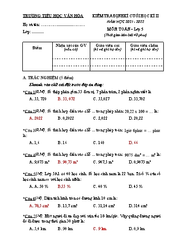 Đề kiểm tra định kì cuối học kì II môn Toán Lớp 5 - Năm học 2021-2022 - Trường Tiểu học Vân Hòa (Có đáp án)