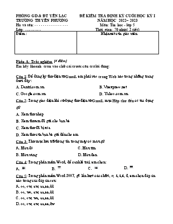 Đề kiểm tra định kỳ cuối học kỳ I môn Tin học Lớp 5 - Năm học 2022-2023 - Trường Tiểu học Yên Phương