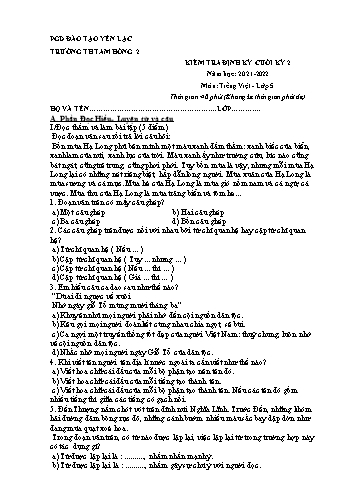 Đề kiểm tra định kỳ cuối kỳ 2 môn Tiếng Việt Lớp 5 - Năm học 2021-2022 - Trường Tiểu học Tam Hồng 2 (Có đáp án)