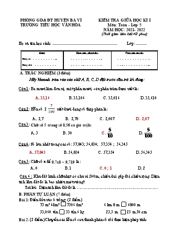 Đề kiểm tra giữa học kì I môn Toán Lớp 5 - Năm học 2021-2022 - Trường Tiểu học Vân Hòa (Có đáp án)