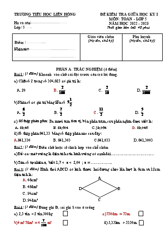 Đề kiểm tra giữa học kỳ I môn Toán Lớp 5 - Năm học 2022-2023 - Trường Tiểu học Liên Hồng (Có đáp án)