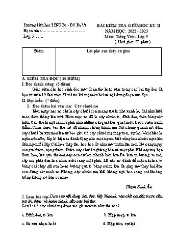 Đề kiểm tra giữa học kỳ II môn Tiếng Việt Lớp 5 - Năm học 2022-2023 - Trường Tiểu học TTNC Bò và Đồng Cỏ Ba Vì