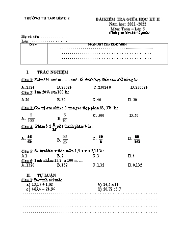 Đề kiểm tra giữa học kỳ II môn Toán Lớp 5 - Năm học 2021-2022 - Trường Tiểu học Tam Hồng 2