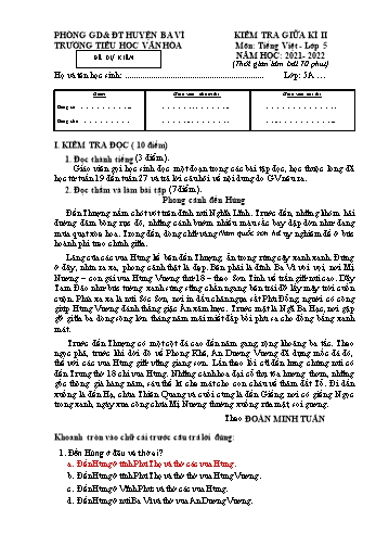 Đề kiểm tra giữa kì II môn Tiếng Việt Lớp 5 - Năm học 2021-2022 - Trường Tiểu học Vân Hòa (Có đáp án)