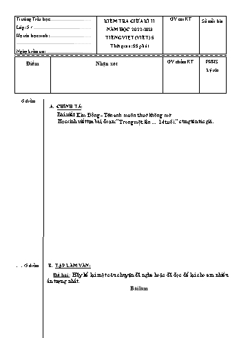 Đề kiểm tra giữa kì II môn Tiếng Việt Lớp 5 (Viết) - Năm học 2022-2023 (Có đáp án)