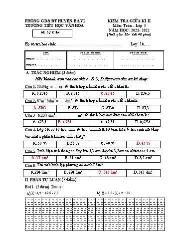 Đề kiểm tra giữa kì II môn Toán Lớp 5 - Năm học 2021-2022 - Trường Tiểu học Vân Hòa (Có đáp án)