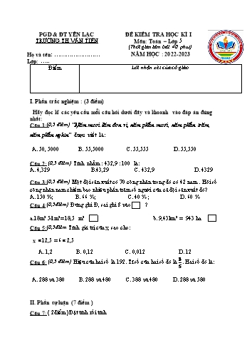 Đề kiểm tra học kì I môn Toán Lớp 5 - Năm học 2022-2023 - Trường Tiểu học Văn Tiến (Có đáp án)