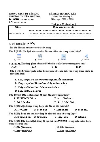 Đề kiểm tra học kì II môn Tin học Lớp 5 - Năm học 2022-2023 - Trường Tiểu học Yên Phương (Có đáp án)