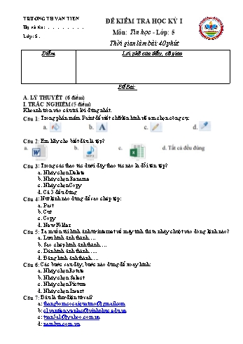 Đề kiểm tra học kỳ I môn Tin học Lớp 5 - Năm học 2022-2023 - Trường Tiểu học Văn Tiến