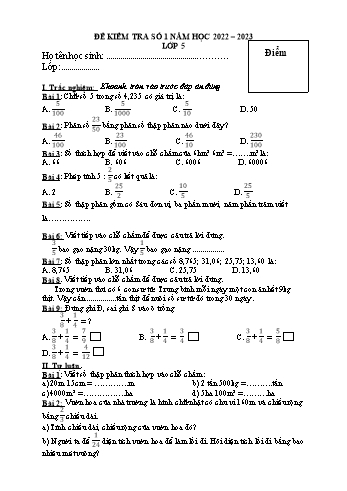Đề kiểm tra số 1 môn Toán Lớp 5 - Năm học 2022-2023