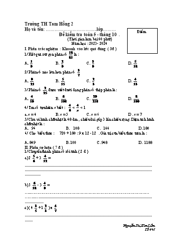 Đề kiểm tra tháng 10 môn Toán, Tiếng Việt Lớp 5 - Năm học 2022-2023 - Nguyễn Thị Kim Liên - Đề 2