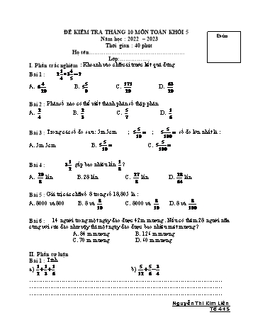Đề kiểm tra tháng 10 môn Toán, Tiếng Việt Lớp 5 - Năm học 2022-2023 - Nguyễn Thị Kim Liên - Đề 1