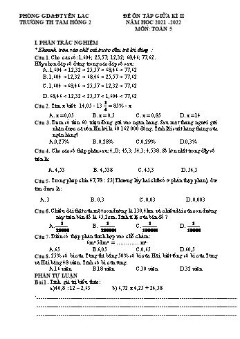 Đề ôn tập giữa kì II môn Toán Lớp 5 - Năm học 2021-2022 - Trường Tiểu học Tam Hồng 2