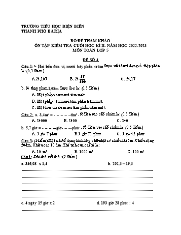 Đề tham khảo ôn tập kiểm tra cuối học kì II môn Toán Lớp 5 - Năm học 2022-2023 - Trường Tiểu học Điện Biên - Đề số 4