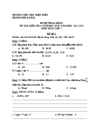 Đề tham khảo ôn tập kiểm tra cuối học kì II môn Toán Lớp 5 - Năm học 2022-2023 - Trường Tiểu học Điện Biên - Đề số 5