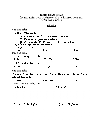 Đề tham khảo ôn tập kiểm tra cuối học kì II môn Toán Lớp 5 - Năm học 2022-2023 - Trường Tiểu học Điện Biên - Đề số 3