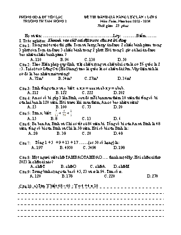 Đề thi đánh giá năng lực lần 1 môn Toán Lớp 5 - Năm học 2023-2024 - Trường Tiểu học Tam Hồng 2