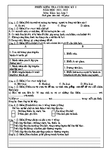 Phiếu kiểm tra cuối học kỳ I môn Khoa học Lớp 5 - Năm học 2022-2023 (Có đáp án)